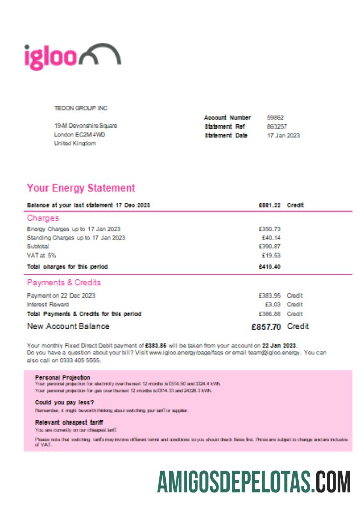 Projeto de lei comercial de serviços públicos de energia Igloo, SCR amostra